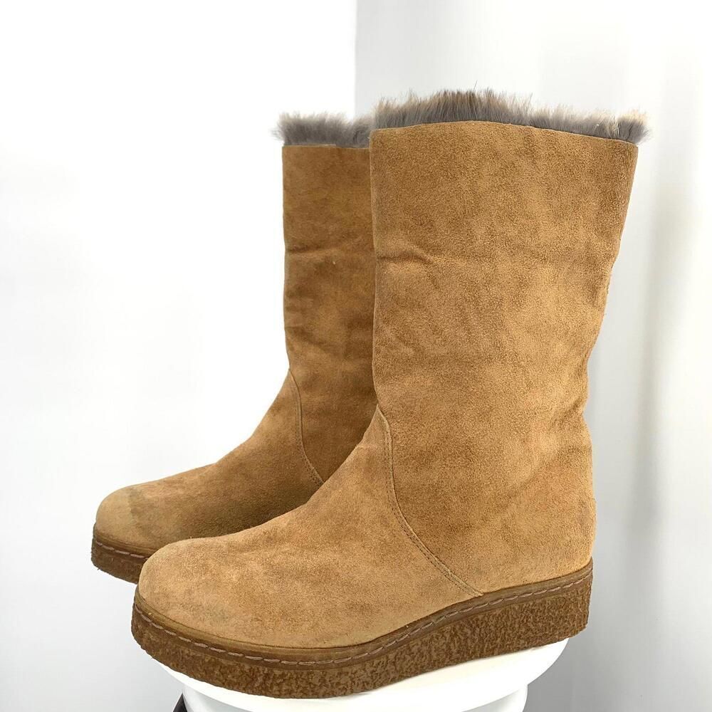 ELENA made in Italy genuine suede leather rabbit fur trim boots 7 wedge platform